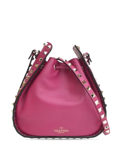 Pre-owned Valentino Garavani 2018-2025 Small Leather Rockstud Bucket Bag In Pink