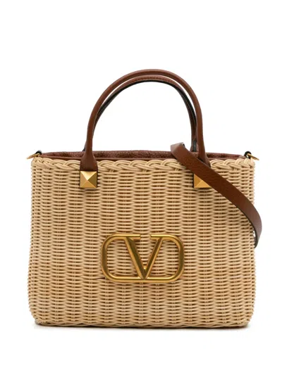 Pre-owned Valentino Garavani 2018-2025 Wicker Vlogo Top Handle Bag Satchel In Brown