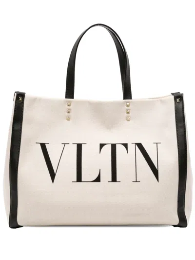 Pre-owned Valentino Garavani 2018 Medium Canvas Rockstud Vltn Tote Satchel In Black