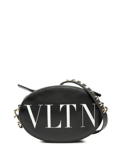 Pre-owned Valentino Garavani 2018-2025 Calfskin Rockstud Vltn Oval Crossbody Bag In Black