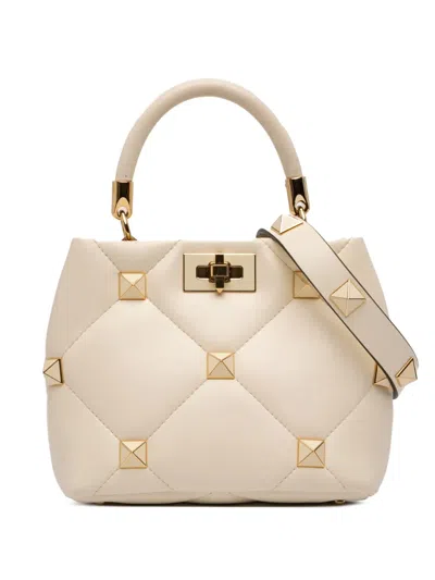 Pre-owned Valentino Garavani 2018-2025 Small Nappa Roman Stud The Handle Bag Satchel In White