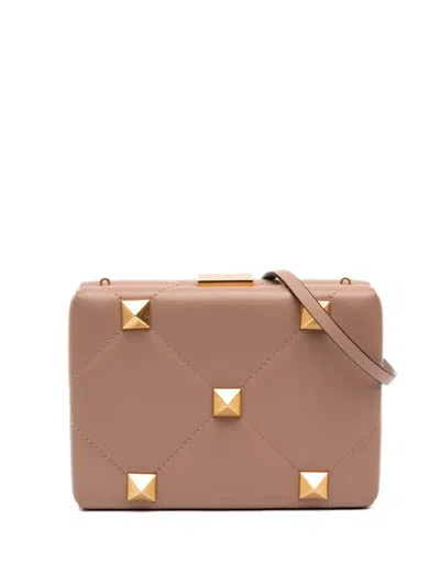 Pre-owned Valentino Garavani 2018-2026 Calfskin Roman Stud Box Clutch On Strap Crossbody Bag In Brown