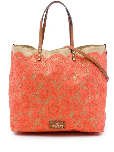 Pre-owned Valentino Garavani 2018-2026 Canvas Rockstud Glam Lace Reversible Tote Satchel In Orange