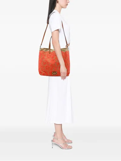 Pre-owned Valentino Garavani 2018-2026 Canvas Rockstud Glam Lace Reversible Tote Satchel In Orange