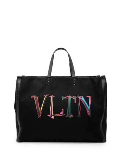 Pre-owned Valentino Garavani 2018-2026 Large Canvas Rockstud Vltn Tote Satchel In Black