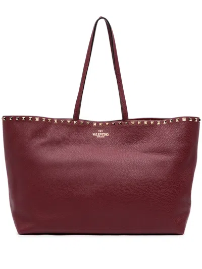Pre-owned Valentino Garavani 2018-2026 Large Grained Calfskin Rockstud Shopper Tote Bag In Red