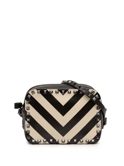 Pre-owned Valentino Garavani 2018-2026 Leather Chevron Print Rockstud Camera Bag Crossbody Bag In Black