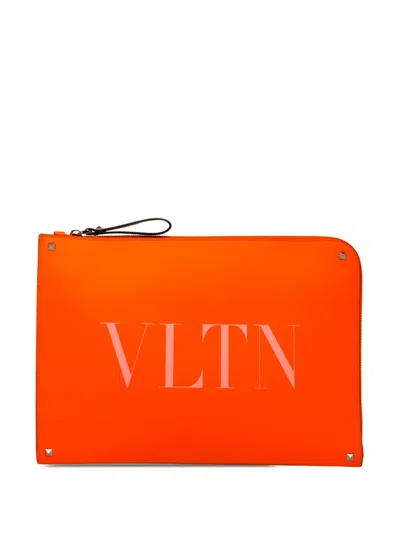 Pre-owned Valentino Garavani 2018-2026 Leather Rockstud Vltn Document Case Clutch Bag In Orange