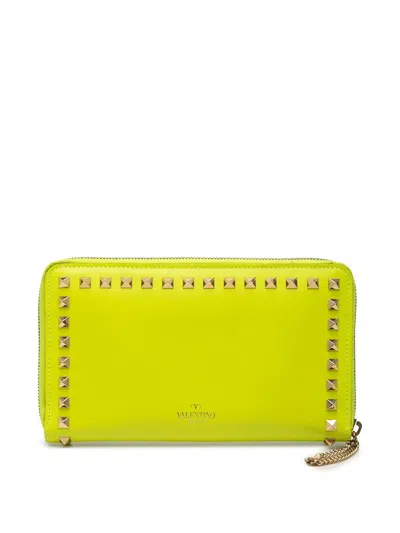 Pre-owned Valentino Garavani 2018-2026 Leather Rockstud Zip Around Wallet Long Wallets In Yellow