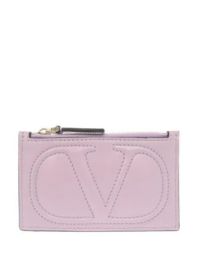 Pre-owned Valentino Garavani 2018-2026 Leather Vlogo Walk Zip Card Holder In Purple