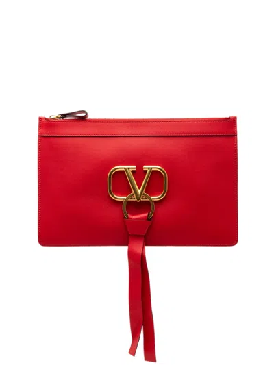 Pre-owned Valentino Garavani 2018-2026 Leather Vring Clutch Bag In Red