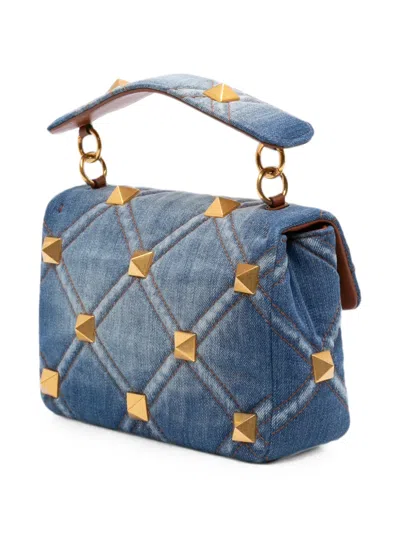 Pre-owned Valentino Garavani 2018-2026 Medium Denim Roman Stud Satchel In Blue
