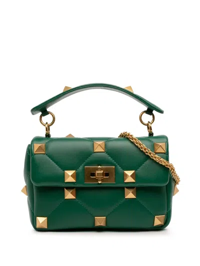 Pre-owned Valentino Garavani 2018-2026 Medium Nappa Roman Stud Satchel In Green