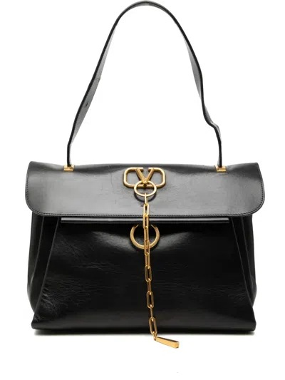 Pre-owned Valentino Garavani 2018-2026 Medium Smooth Calfskin Vring Top Handle Bag Satchel In Black