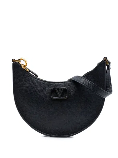 Pre-owned Valentino Garavani 2018-2026 Mini Grainy Calfskin Vlogo Hobo Bag In Black