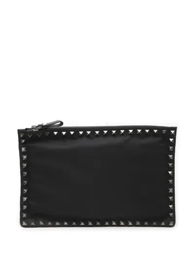 Pre-owned Valentino Garavani 2018-2026 Nylon Rockstud Zip Pouch Clutch Bag In Black