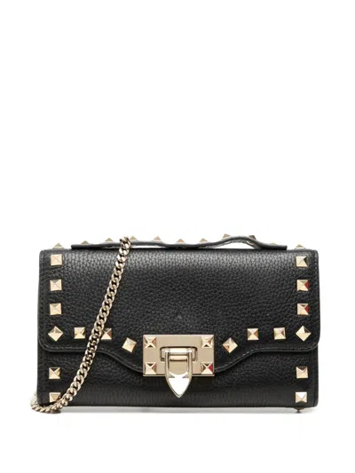 Pre-owned Valentino Garavani 2018-2026 Pebbled Calfskin Rockstud Flip Lock Wallet On Chain Satchel In Black