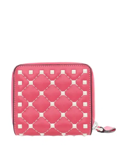 Pre-owned Valentino Garavani 2018-2026 Quilted Lambskin Rockstud Zip Around Compact Wallet Small Wallets In Pink