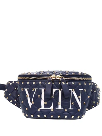 Pre-owned Valentino Garavani 2018-2026 Quilted Lambskin Vltn Rockstud Spike Belt Bag In Blue