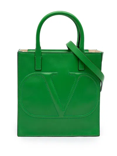 Pre-owned Valentino Garavani 2018-2026 Small Leather Vlogo Walk Tote Satchel In Green