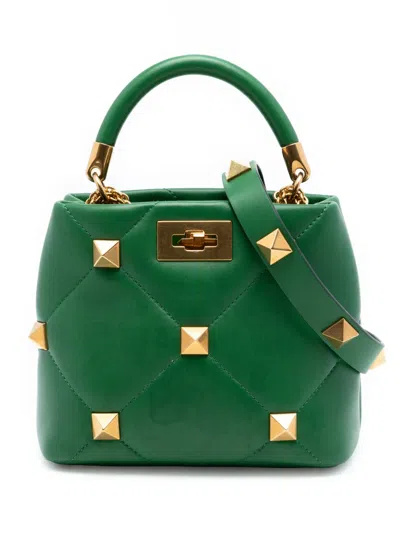 Pre-owned Valentino Garavani 2018-2026 Small Nappa Roman Stud The Handle Bag Satchel In Green
