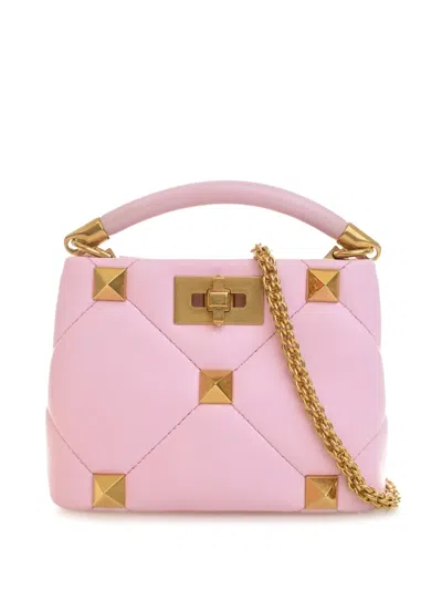 Pre-owned Valentino Garavani 2018-2026 Small Nappa Roman Stud The Handle Bag Satchel In Pink
