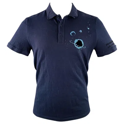 Pre-owned Valentino 2019 Size M Navy Blue Embroidered Beaded Outer Space Cotton Buttoned Polo
