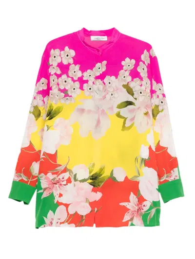 Pre-owned Valentino 2020s Floral-print Silk Shirt In Red