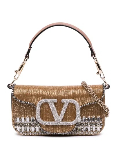 Pre-owned Valentino Garavani 2021-2025 Small Swarovski Crystal Embroidered Vlogo Loco Satchel In Gold