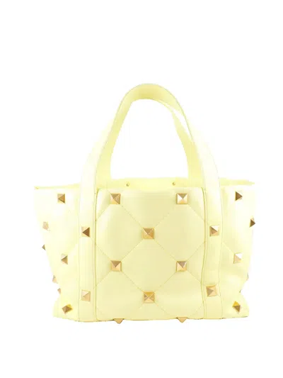 Pre-owned Valentino Garavani 2021 Calfskin Roman Stud Tote Bag In Yellow
