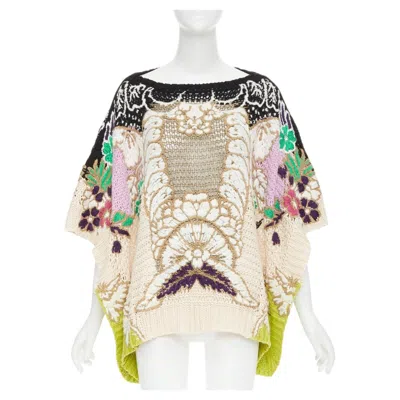 Pre-owned Valentino 2021 Runway Cotton Embroidered Crochet Poncho Arazzo Knit Cape Xs In Beige