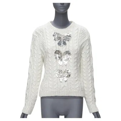 Pre-owned Valentino 2021 Silver Beads Sequins Bow White Lurex Cable Knit Sweater Xs