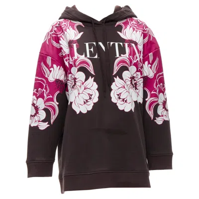 Pre-owned Valentino 2022 Brown Pink Floral Logo Print Cotton Oversized Hoodie S