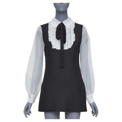 Pre-owned Valentino 2022 Crepe Couture Wool Silk Ruffle Bib Neck Tie Mini Dress It38 Xs In Black