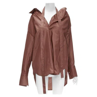 Pre-owned Valentino 2022 Runway Brown Silk Taffeta Wide Collar Neck Tie Shirt It38 Xs