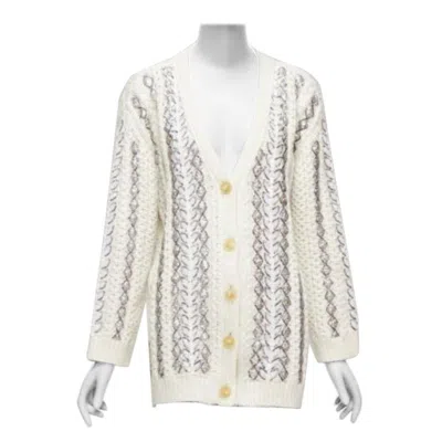 Pre-owned Valentino 2023 Cream Silver Wool Sequin Logo Embellished Cardigan It36 S In White