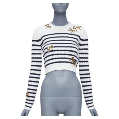 Pre-owned Valentino 2023 Cream Virgin Wool Gold Sequin Ribbon Striped Crop Sweater Xs In White