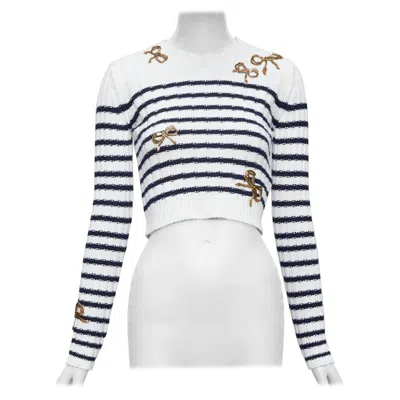 Pre-owned Valentino 2023 Cream Virgin Wool Gold Sequin Ribbon Striped Crop Sweater Xs In White