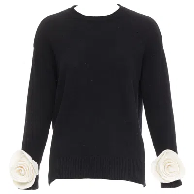 Pre-owned Valentino 2024 Black Virgin Wool Cream 3d Flower Cuff Crew Neck Sweater Xs In White