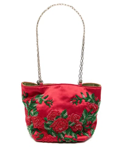 Pre-owned Valentino Garavani 20th Century Micro Beaded Satin Floral Chain Tote Bag In Red