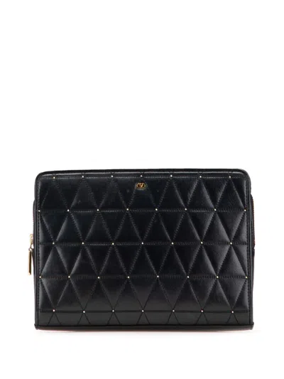 Pre-owned Valentino Garavani 20th Century Quilted And Studded Leather V Clutch Bag In Black