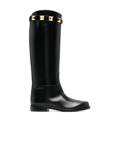 Valentino Garavani 25mm Rockstud Embellished Knee-high Boots In Black