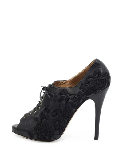 Pre-owned Valentino Garavani 40 Ellis Floral-embroidered Ankle Boots In Black