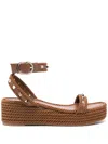 Valentino Studded Leather Cork Wedge Sandals In Brown