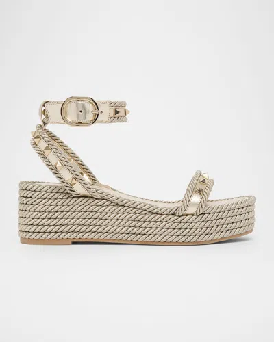Valentino Garavani 45mm Rockstud Leather Espadrille Flatform Sandals In Brown