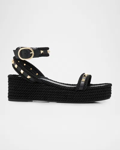 Valentino Garavani 45mm Rockstud Torchon Ankle Strap Espadrille Sandals In Black