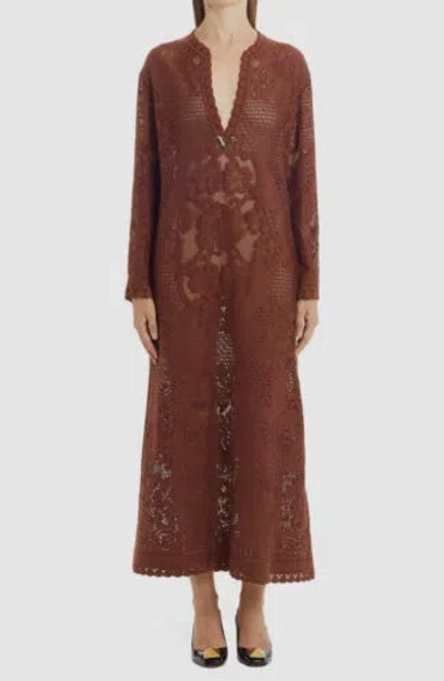 Pre-owned Valentino $5200  Women's Brown Lace Peonies Blanket Maxi Dress Size 44