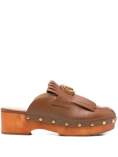 Pre-owned Valentino Garavani 55mm Fringed Vlogo-plaque Signature Clogs In Brown