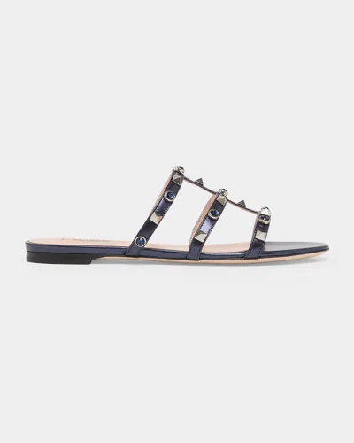 Valentino Garavani 5mm Rockstud Metallic Leather Flat Slide Sandals In Blue