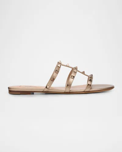 Valentino Garavani 5mm Rockstud Metallic Leather Flat Slide Sandals In Pink